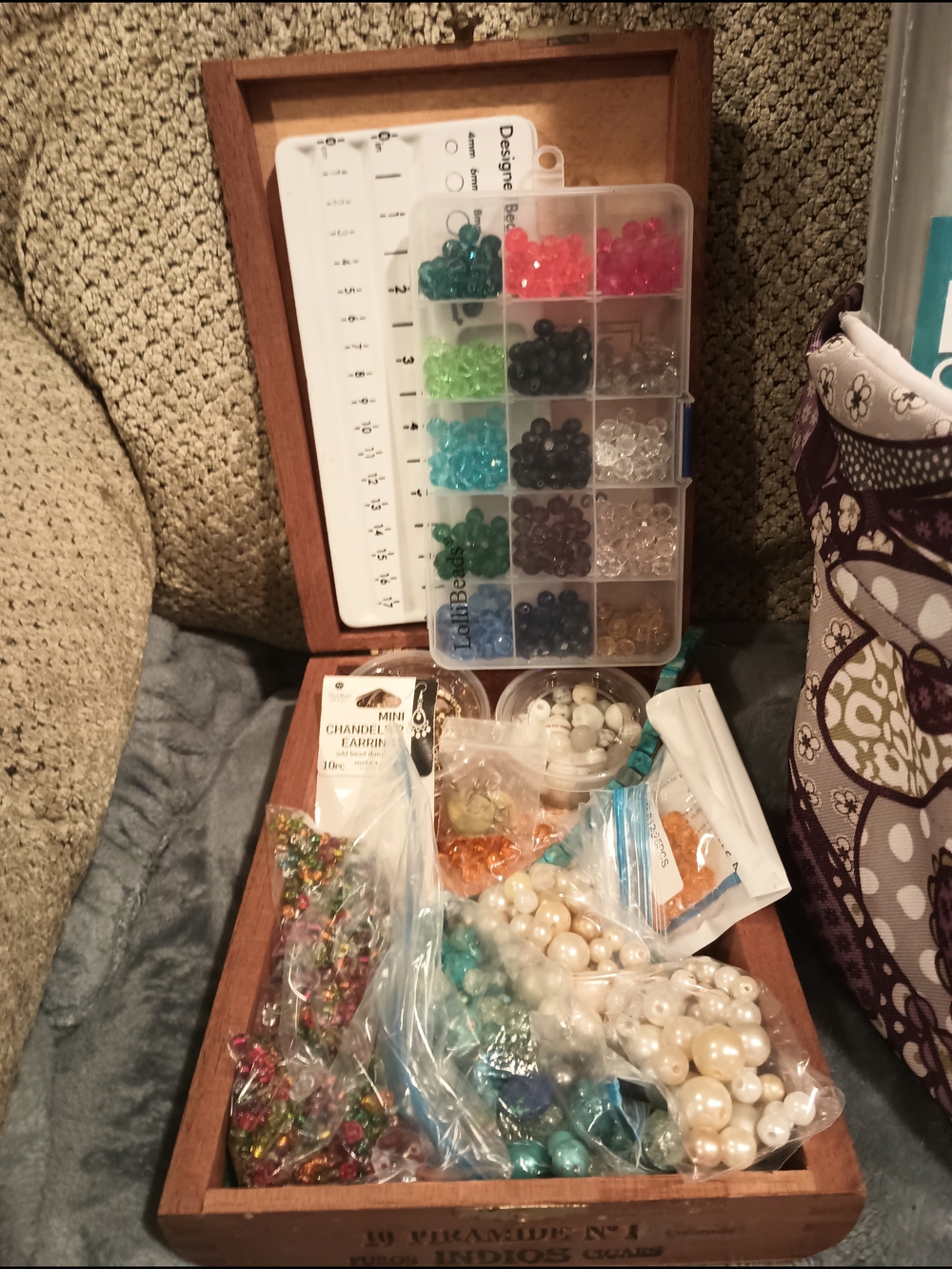 Wooden Jewelry Storage Box with Assorted Beads - Brown